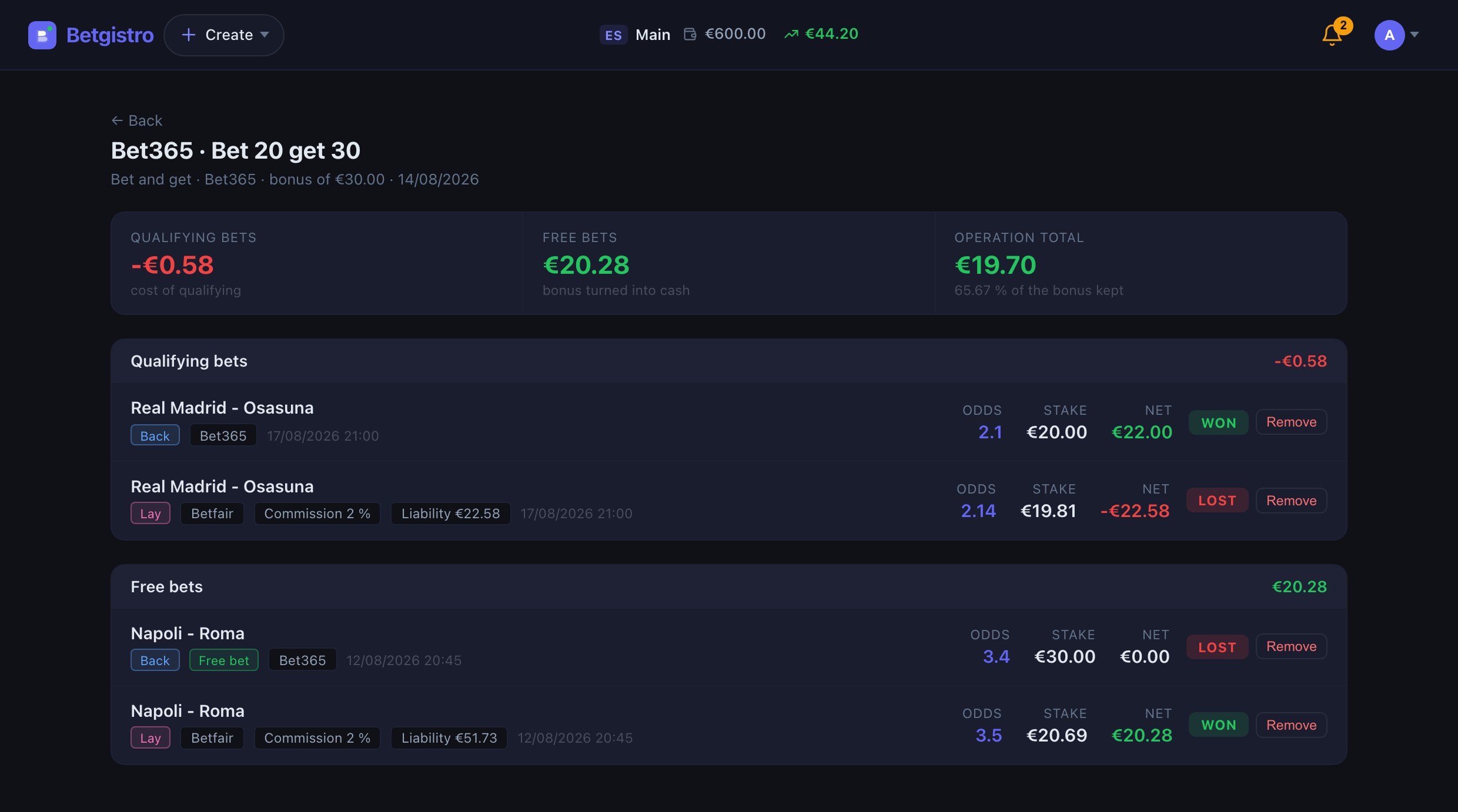 Detail of a matched betting operation in Betgistro with the qualifying bet, the free bet, the liability and the commission