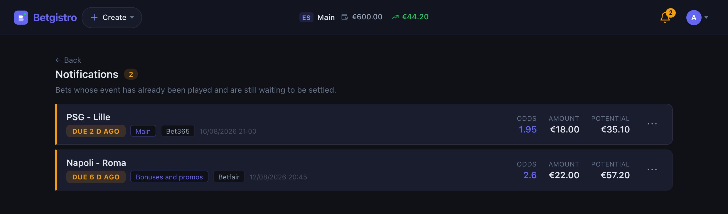 Betgistro notifications listing bets whose event has already been played and are still waiting to be settled