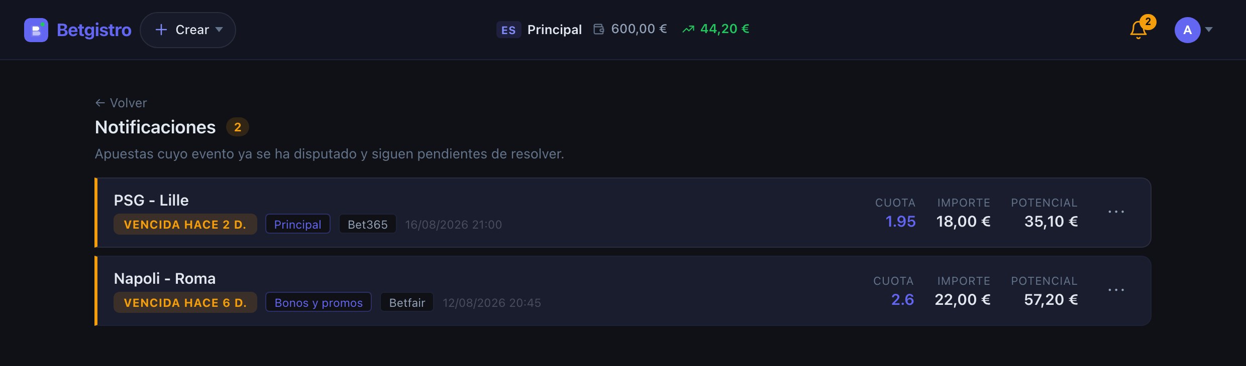 Notificaciones de Betgistro con las apuestas cuyo evento ya se ha disputado y siguen pendientes de resolver