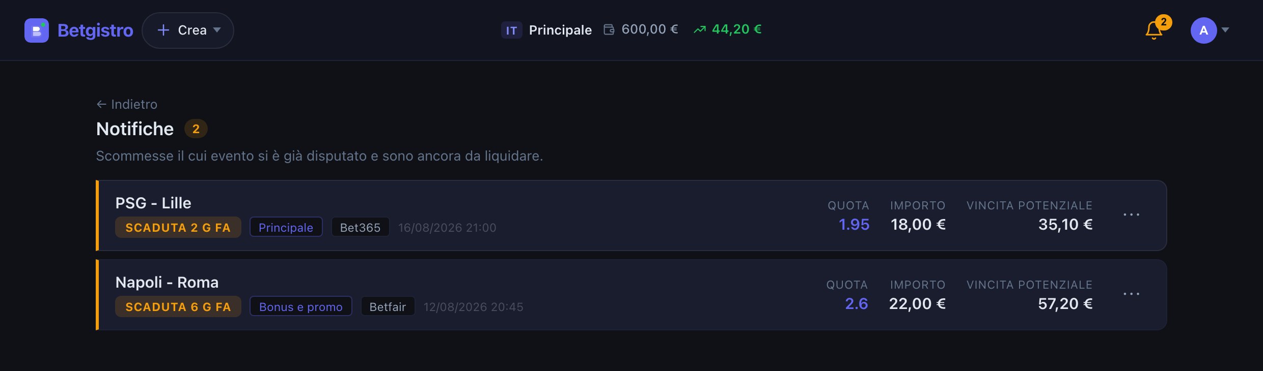 Notifiche di Betgistro con le scommesse il cui evento si è già disputato e sono ancora da liquidare