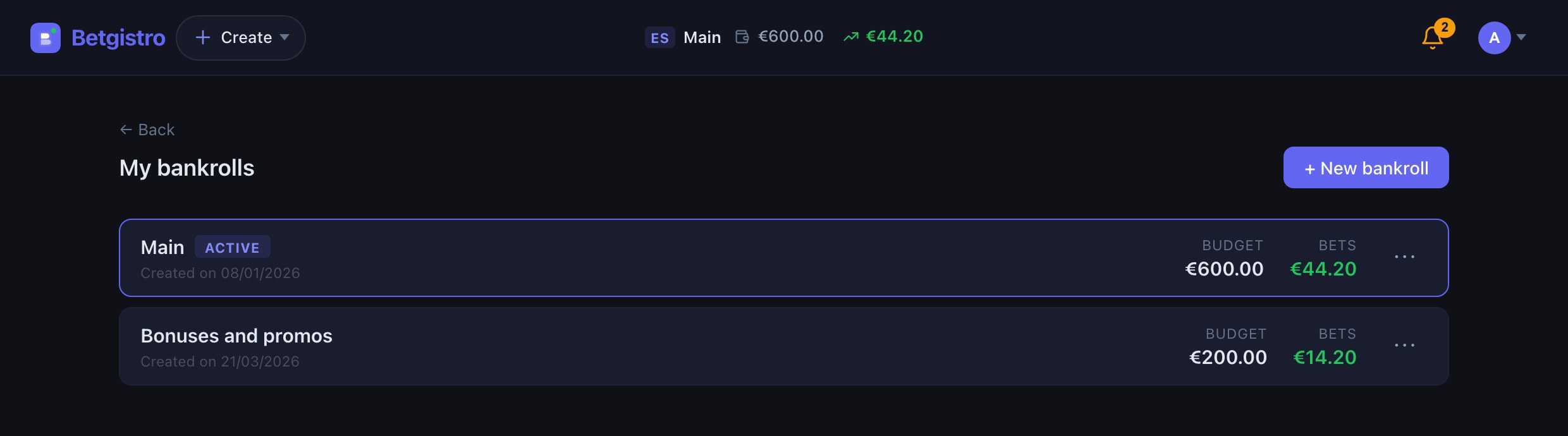 Bankroll screen in Betgistro showing each bankroll's budget and betting result
